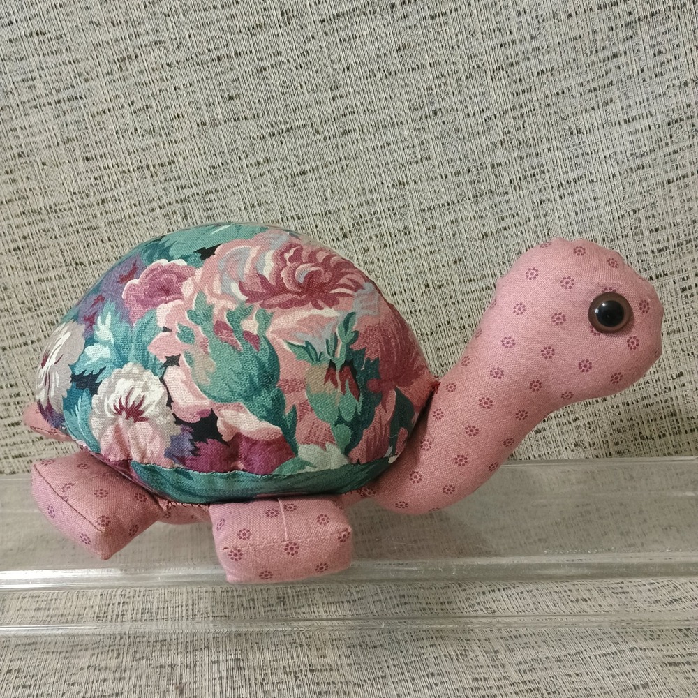 Handmade Floral Fabric Turtle Plush Pink Teal Cottagecore Stuffed Animal Decor